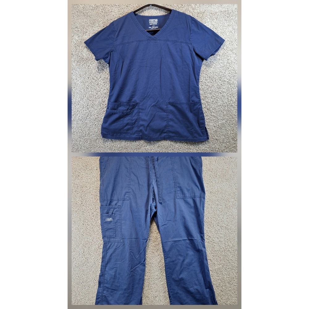 Cherokee Scrub Set Womens M Navy Core Stretch V-Neck Top Cargo Pants Petite Blue